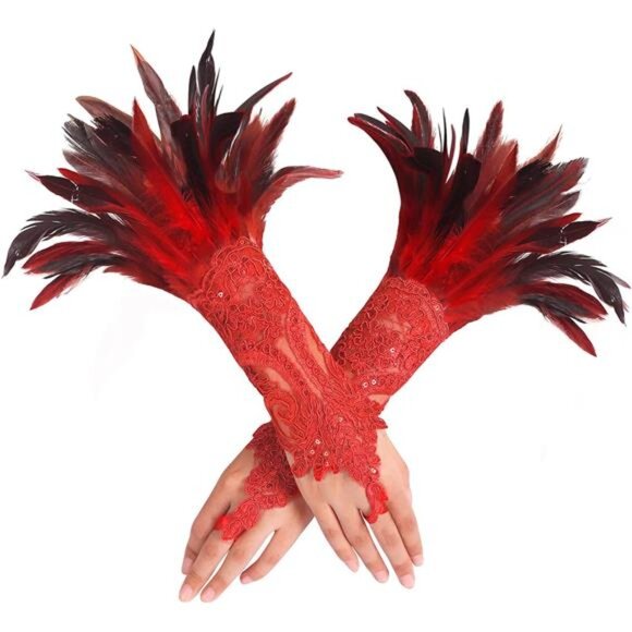 Women Black Lace Feather Gloves Witch Angel Costume Accessories Swan - Picture 1 of 6